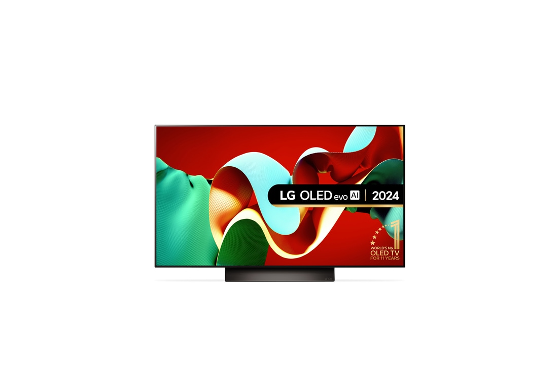 Front view of LG OLED evo OLED48C43LA TV with world’s number 1 OLED TV for 11 years emblem written in gold