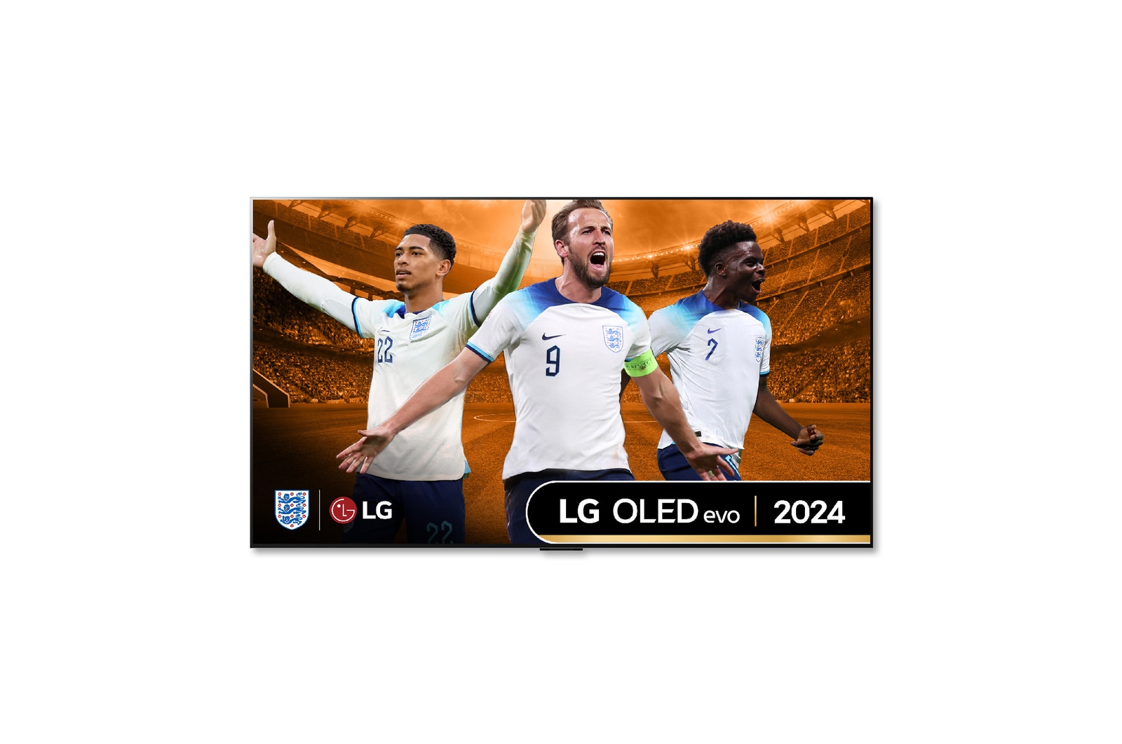 Front view with LG OLED TV, OLED G4, 11 Years of world number 1 OLED Emblem and webOS Re:New Program logo on screen with 2-pole stand