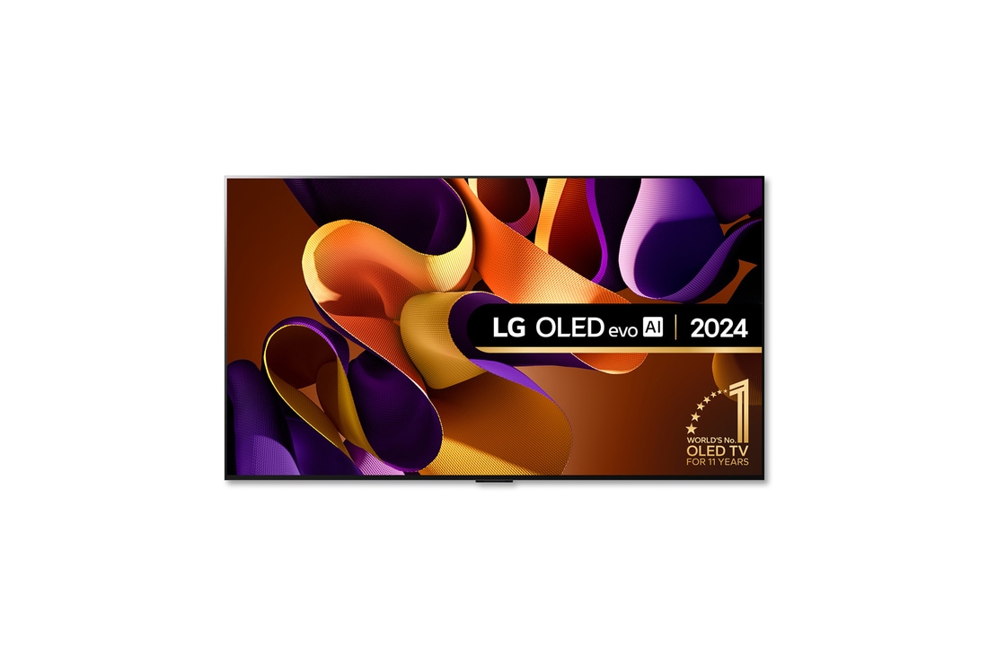 Front view with LG OLED TV, OLED G4, 11 Years of world number 1 OLED Emblem and webOS Re:New Program logo on screen with 2-pole stand