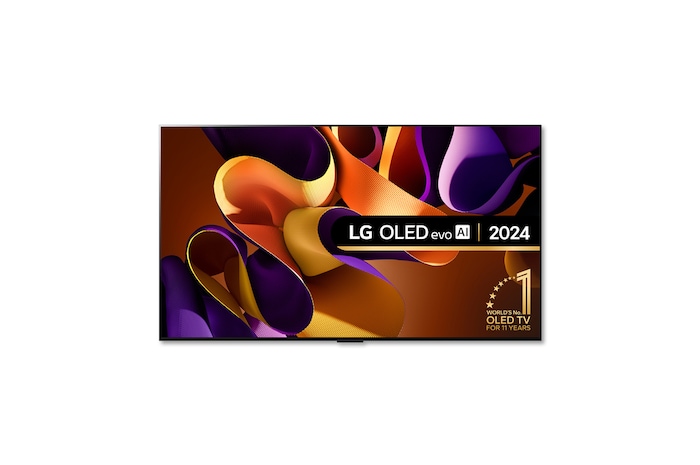 Front view with LG OLED TV, OLED G4, 11 Years of world number 1 OLED Emblem and webOS Re:New Program logo on screen with 2-pole stand