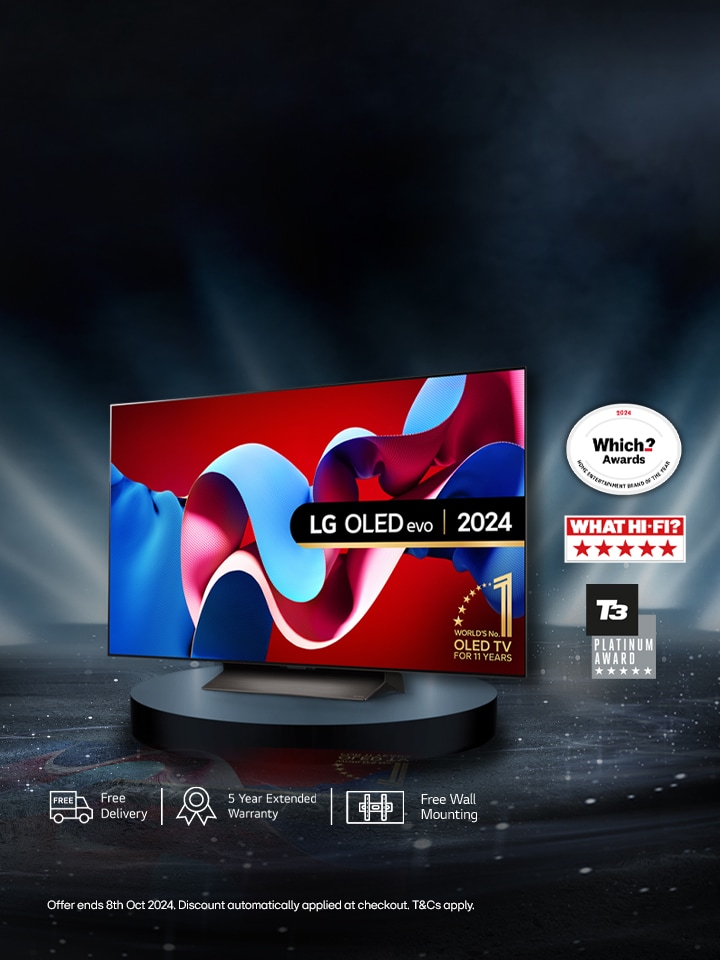 lg oled tv on a black stand with a which? what hi=fi? and t3 logos to the righ of it