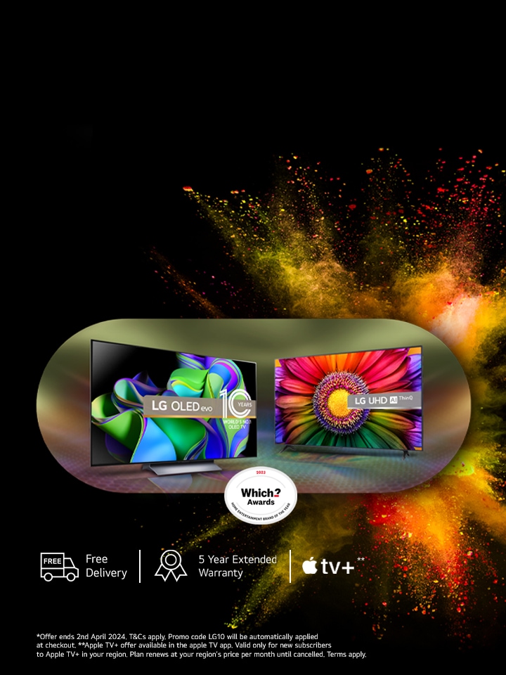 oled and qnet lg tvs with Which? award logo at the bottom and a splash of colour behind the tvs