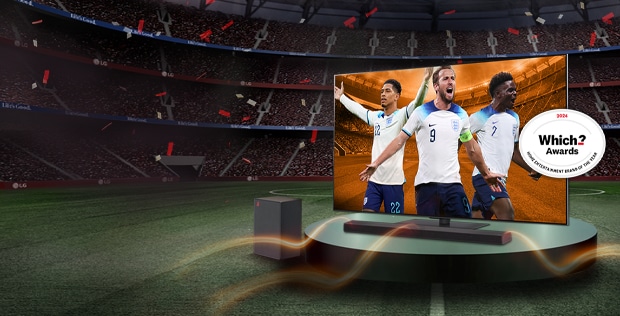 two lg oled tv screens with matching soundbars underneath in a semi circle over an abstract background  in dark and light brown and a free delivery icon