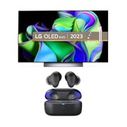 Front view of LG OLED evo C36 48&#34; TV &amp; T90S Earbuds OLED48C36LA.T90S