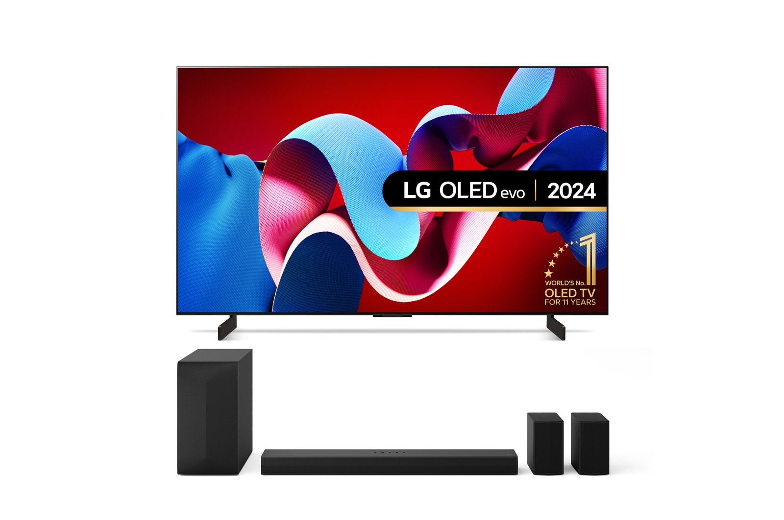 Front view with LG OLED TV, OLED G4, 11 Years of world number 1 OLED Emblem and webOS Re:New Program logo on screen with 2-pole stand