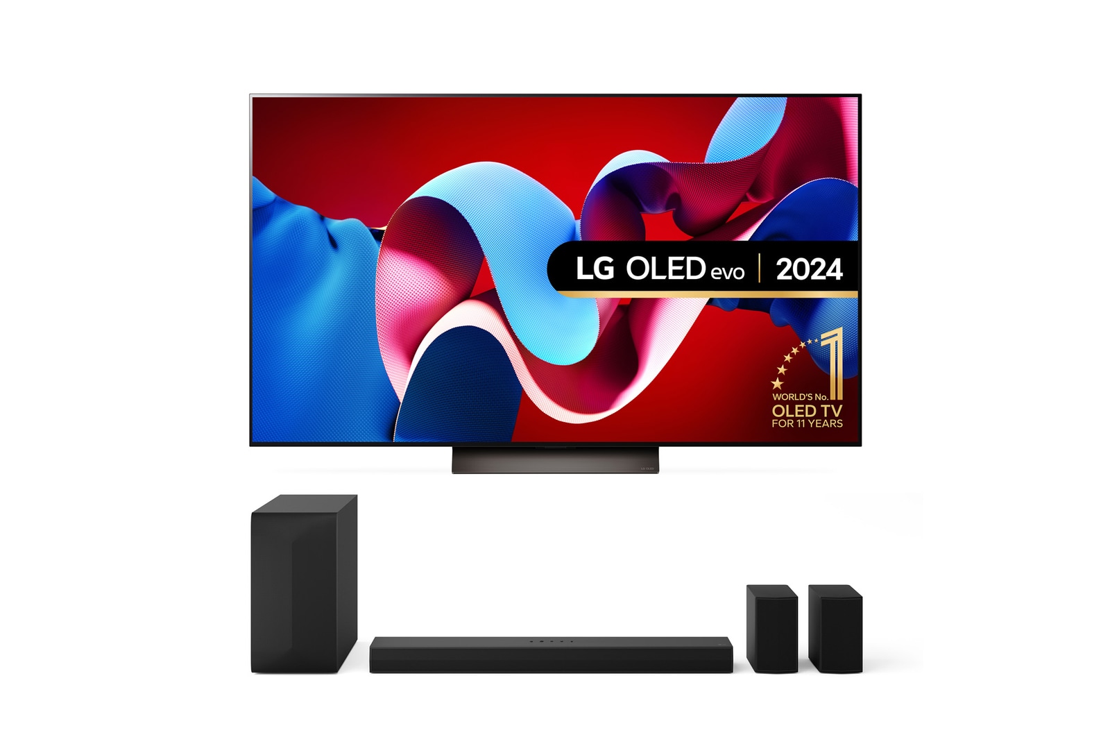 Front view with LG OLED TV, OLED G4, 11 Years of world number 1 OLED Emblem and webOS Re:New Program logo on screen with 2-pole stand