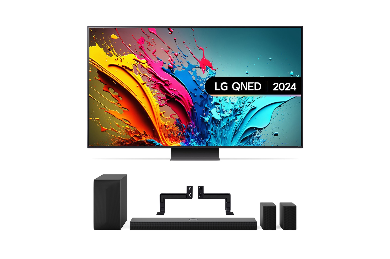 Front view of LG QNED86 75&#34; TV &amp; US70TR Soundbar &amp; BT5 bracket 75QNED86S70.1P