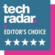 tech radar editor's choice logo with 5 stars underneath on blue and pink background