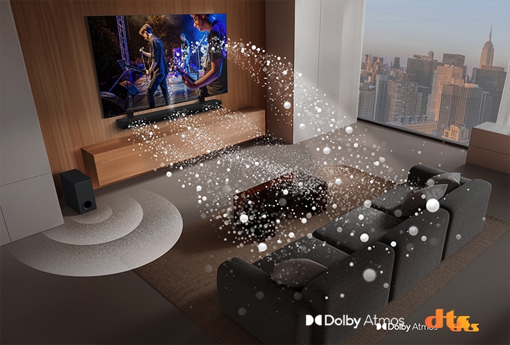 LG Soundbar, LG TV and a subwoofer are in a living room of a skyscraper, playing a musical performance. White soundwaves made up of droplets project from the soundbar, looping around the sofa. A subwoofer is creating a sound effect from the bottom. Dolby Atmos logo DTS logo
