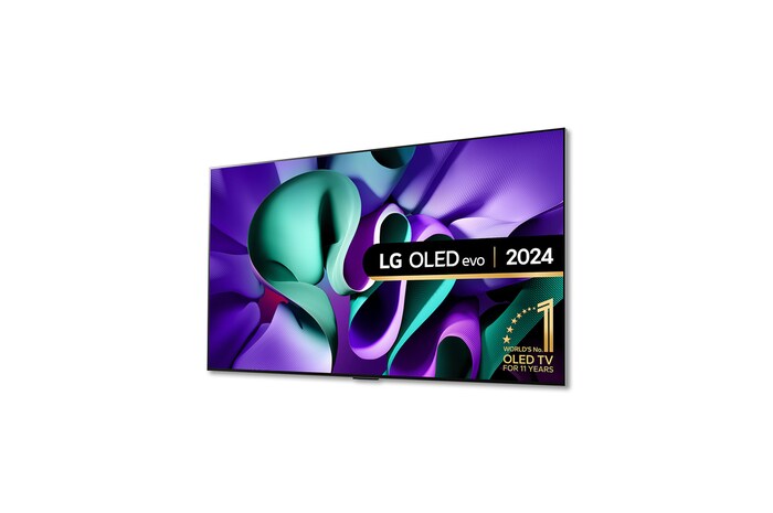Left-facing side view of LG OLED TV, OLED M4 SIGNATURE on a stand, and a Zero Connect Box placed below the TV
