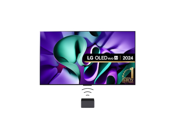 Front view with LG OLED TV, OLED M4 SIGNATURE on a stand, 11 Years of world number 1 OLED Emblem, webOS Re:New Program logo, 5-Year Panel Warranty logo on screen, and a Zero Connect Box with 4K wireless video & audio transfer connected to a TV, and a Wi-Fi signal coming out of the box