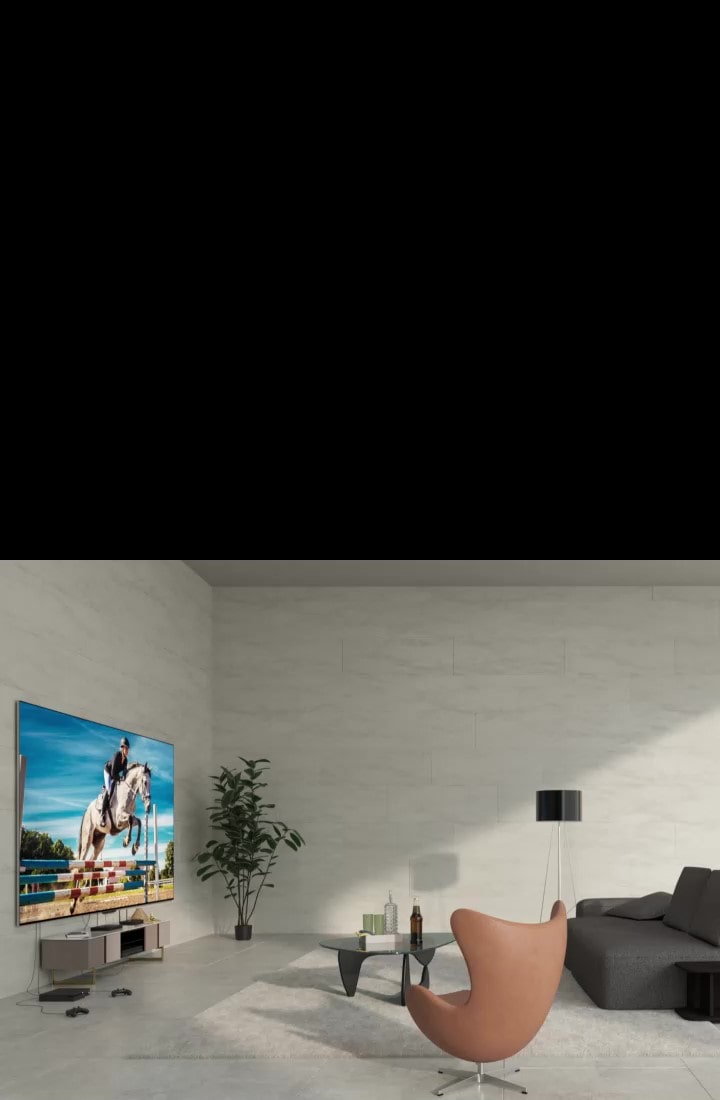 LG SIGNATURE OLED M4 mounted on a wall and devices connected to the TV by messy wires underneath. A white graphic line passes across the image, the devices fade and a Zero Conenct Box appears on a small table. The image briefly darkens and only the TV and Zero Connect Box are highlighted. Everything fades, then the TV and Zero Connect Box reappear highlighted in different locations, this time the LG SIGNATURE OLED M4 on a stand. The image brightens again. The image darkens one more time and when it brightens, the TV is mounted on a different wall.