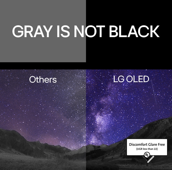 The Milky Way fills the night sky above a canyon scene. Above the image, "gray is not black" is written in white block capitals against a black backdrop. The screen is split into two sides and marked "Others" and "LG OLED." The other side is noticeably dimmer and lower in contrast, whereas the LG OLED side is bright with high contrast. The LG OLED side also features Discomfort Glare Free certification.