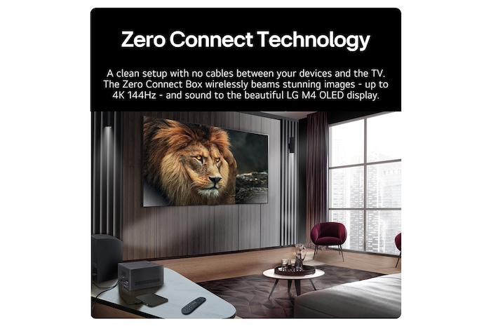 A Zero Connect Box in front of an LG SIGNATURE OLED M4, and a red Wi-Fi signal and red beam emitting towards the TV. The TV displays a ballerina dancing solo on stage.