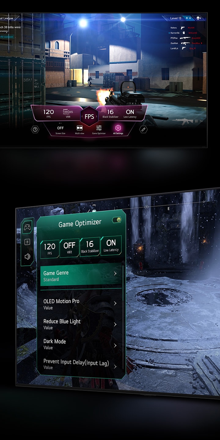 A FPS gaming scene with the Game Dashboard appearing over the screen during gameplay. A dark, wintery scene with the Game Optimizer menu appearing over the game. 	