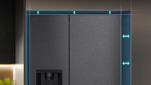 Front view of an LG American fridge freezer with overlay arrows indicating width, height, and clearance space for proper kitchen installation and ventilation.