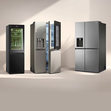 Three LG fridge freezers in sunlight. The left slim fridge has a transparent door with green-lit shelves inside. Next to it are Multi-Door and American Style models.
