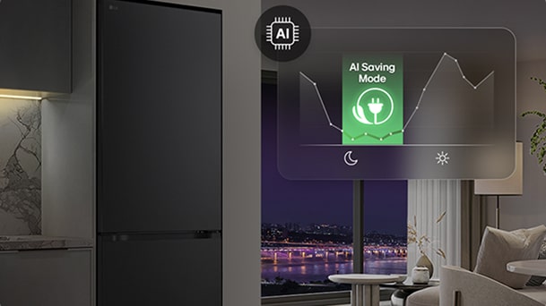 LG fridge with AI Saving Mode interface displayed, showing Smart Learner™ function in a modern home with night city view in the background.