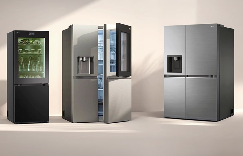 Three LG fridge freezers in sunlight. The left slim fridge has a transparent door with green-lit shelves inside. Next to it are Multi-Door and American Style models.