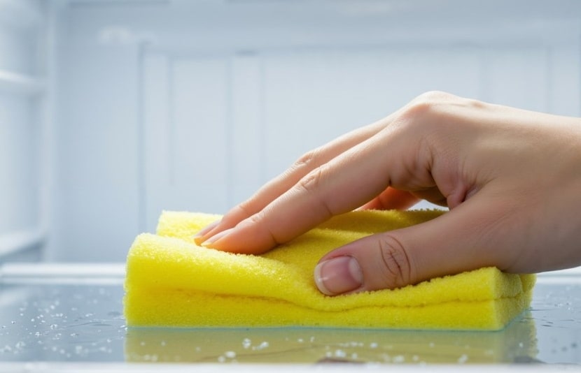 A yellow sponge inside an empty fridge symbolizing hygienic refrigerator cleaning
