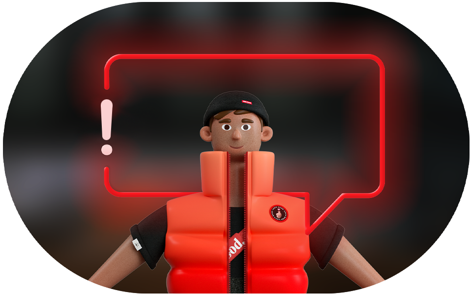 A character in a red vest stands inside a red speech bubble with an exclamation mark, emphasizing notice or alert