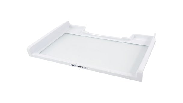 LG refrigerator pull-out tray designed for easy access and flexible food storage organization