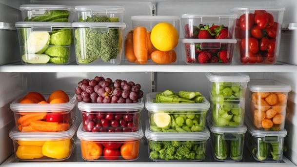 Colorful fresh fruits and vegetables stored in transparent containers inside a clean and organized fridge