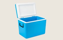 Blue cool box with an open lid.