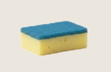 Yellow sponge with a blue scrubbing surface.