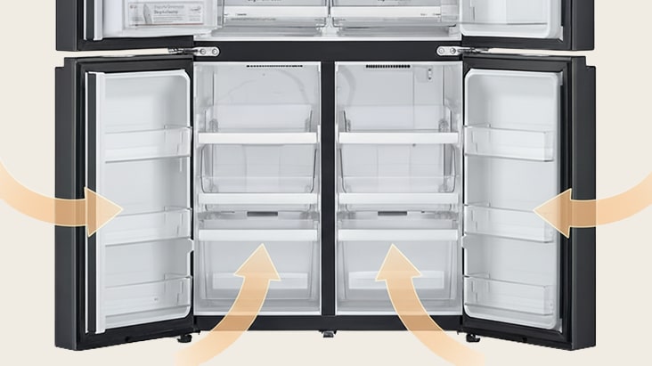 LG refrigerator with both doors open, showing warm room air entering inside through orange arrows.