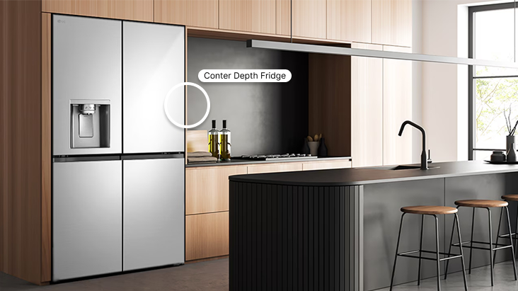 LG refrigerator with a counter depth design seamlessly built into a modern kitchen.