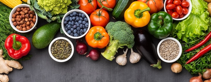 Assorted fresh vegetables, fruits and nuts showing optimal humidity control for long-lasting freshness