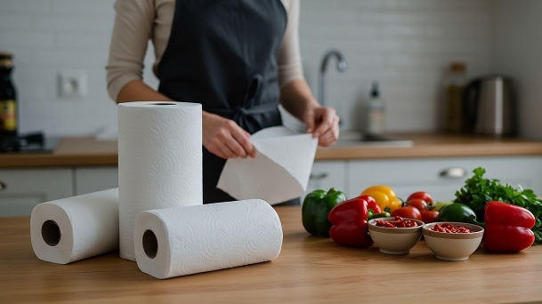 LG refrigerator tip showing a person using paper towels and fresh vegetables on a kitchen counter for proper food care