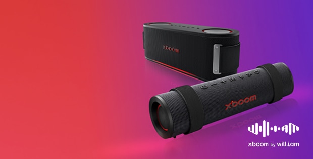 LG xboom speakers with a red/blue background, with which? and Tech Radar award