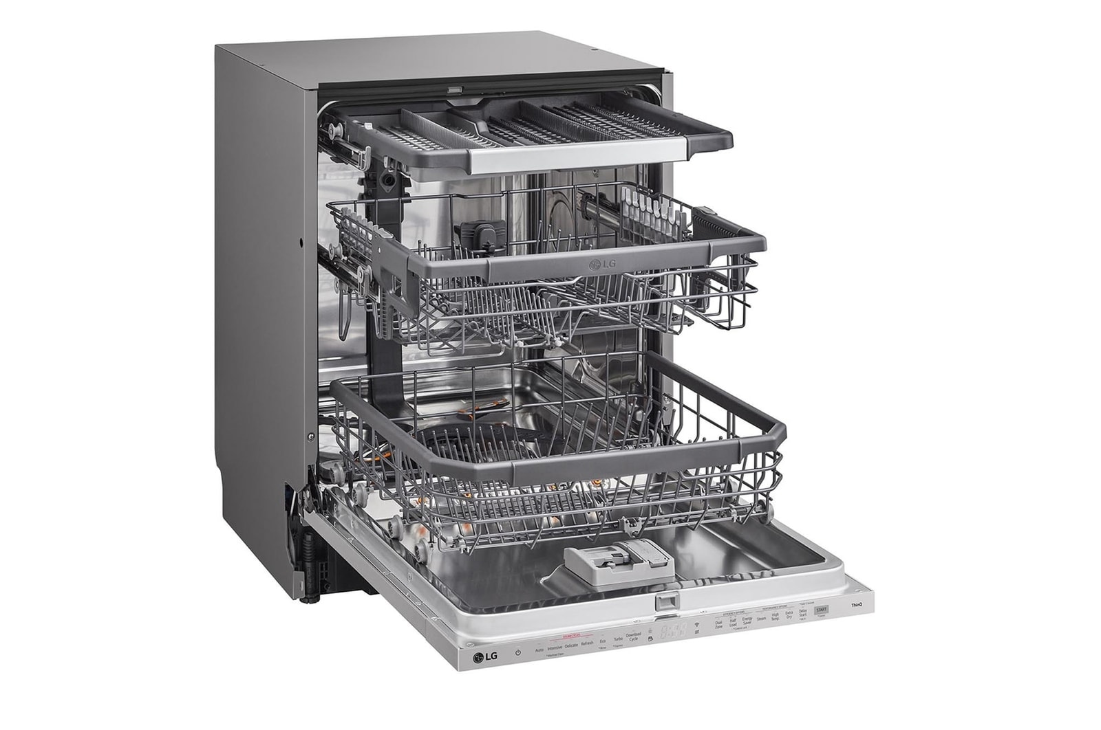 Open dishwasher with loaded dishes displayed