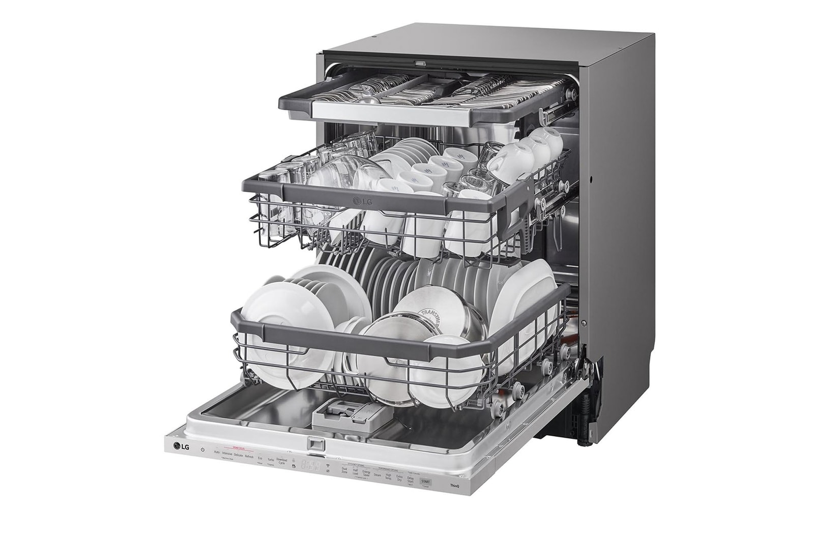 Left Side view of an open dishwasher fully loaded with dishes on all racks