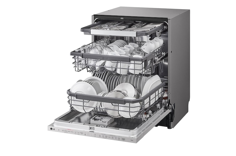 Left Side view of an open dishwasher fully loaded with dishes on all racks