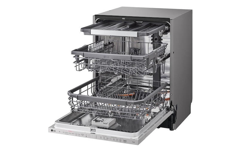 Right Side view of an open dishwasher fully loaded with dishes on all racks