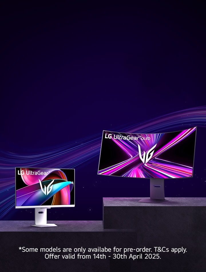 LG UltraGear OLED Monitor promo showing models 32G810SA (left) and curved 45GX950 (right), with up to 15% off from April 14–30, 2025.