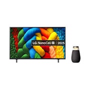 Front view of NanoCell TV, LG NanoCell Al Logo on the top corner. LG NanoCell NANO80 TV depicts colourful paintike textures coming together.
