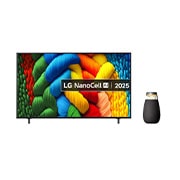 Front view of 65 inch LG NanoCell AI NANO80 4K Smart TV 2025 and XO2TBK xboom Speaker 65NANO80A6B-XO2TBK