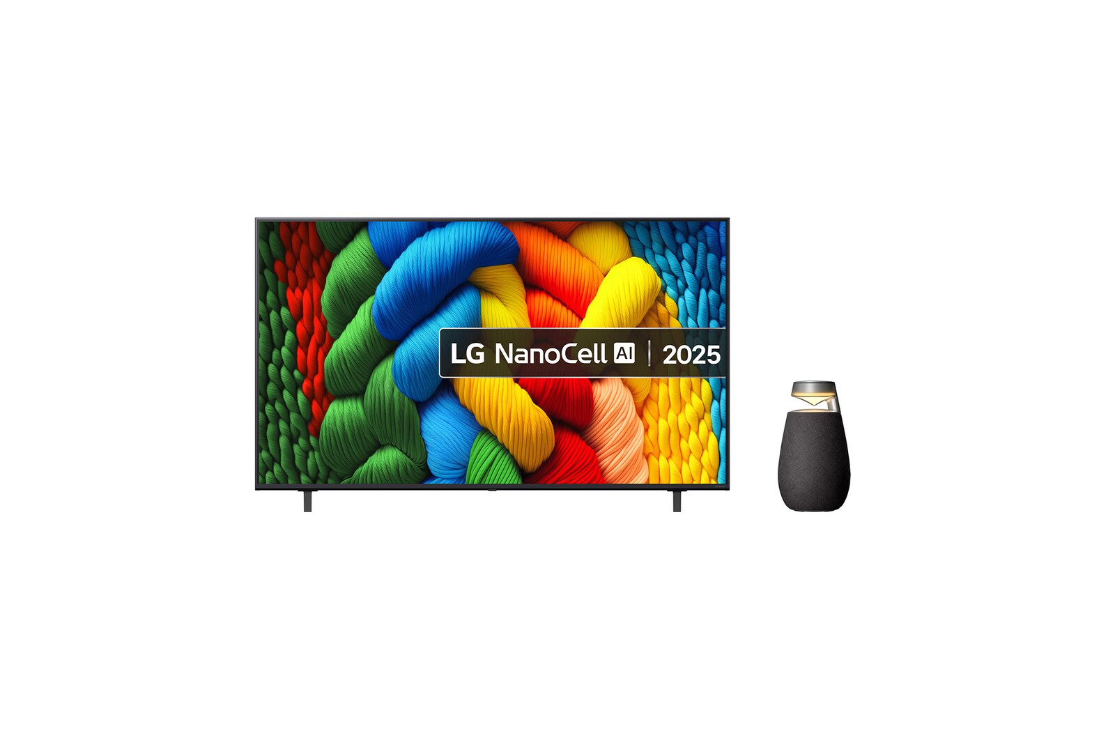Front view of 65 inch LG NanoCell AI NANO80 4K Smart TV 2025 and XO2TBK xboom Speaker 65NANO80A6B-XO2TBK