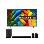 Front view of NanoCell TV, LG NanoCell Al Logo on the top corner. LG NanoCell NANO80 TV depicts colourful paintike textures coming together.