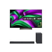 Front view of LG OLED evo AI C5E 4K Smart TV. 12 Years of world number 1 OLED emblem and LG OLED evo AI 2025 logo are on the screen.