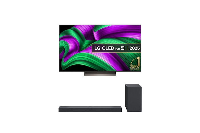 Front view of 65 inch LG OLED evo AI C5 4K Smart TV 2025 and USC9S LG Soundbar OLED65C5ELB-USC9S