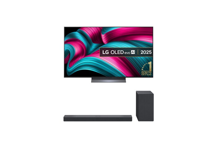 Front view of 55 inch LG OLED evo AI C5 4K Smart TV 2025 and USC9S Soundbar OLED55C54LA-USC9S