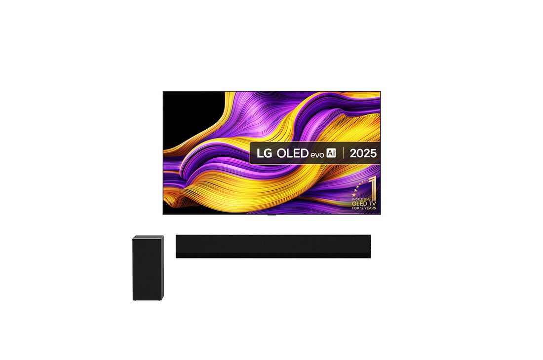 Front view of LG OLED evo AI G5 4K Smart TV. 12 Years of world number 1 OLED emblem and LG OLED evo AI 2025 logo are on the screen.