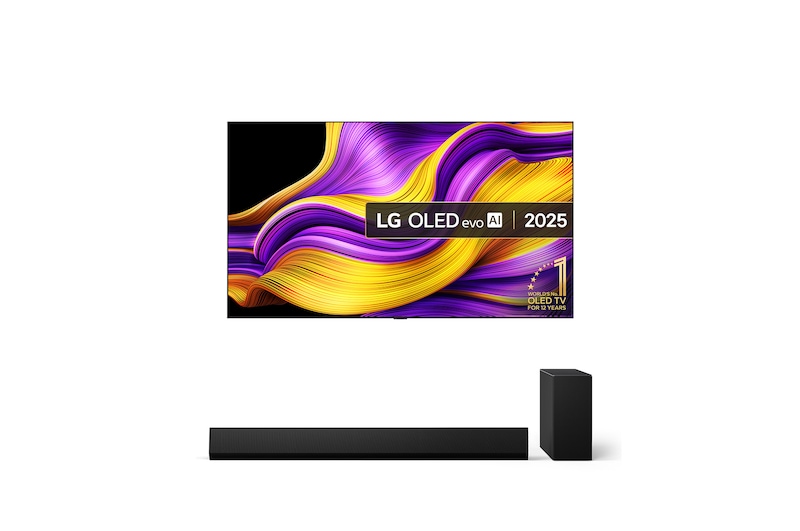 Front view of 65 inch LG OLED evo AI G5 4K Smart TV 2025 - Stand version and USG10TY LG Soundbar OLED65G56LS-USG10TY