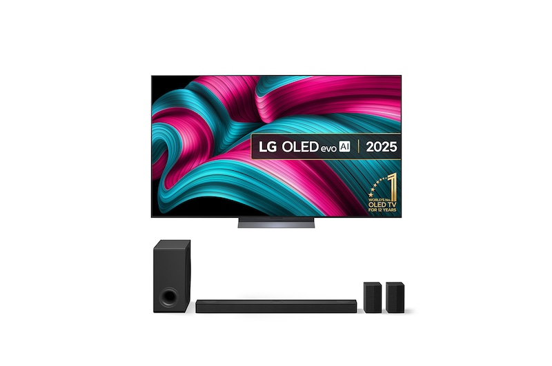 Front view of 77 inch LG OLED evo AI C5 4K Smart TV 2025 and US80TR LG Soundbar OLED77C54LA-US80TR