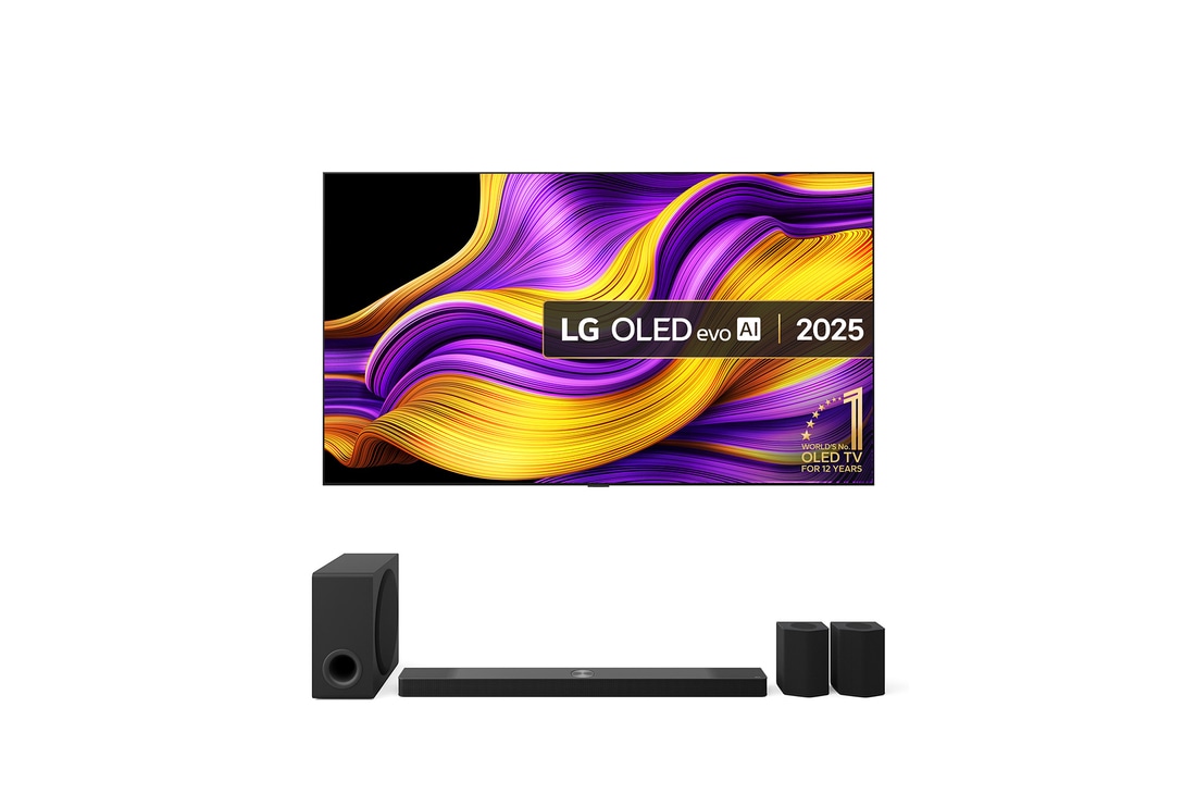 Front view of LG OLED evo AI G5 4K Smart TV. 12 Years of world number 1 OLED emblem and LG OLED evo AI 2025 logo are on the screen.